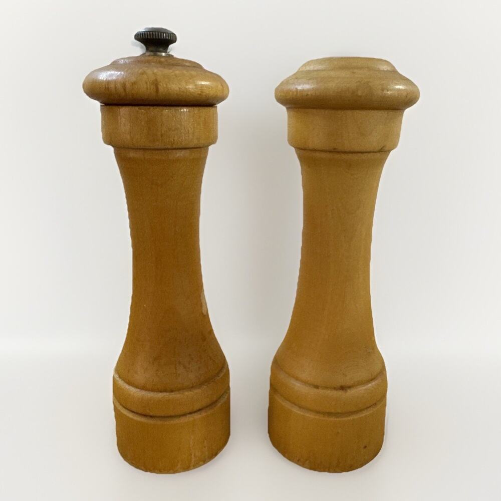 Vintage Peugeot France Wooden Salt Pepper Mill Grinder Set Mid Century Beechwood